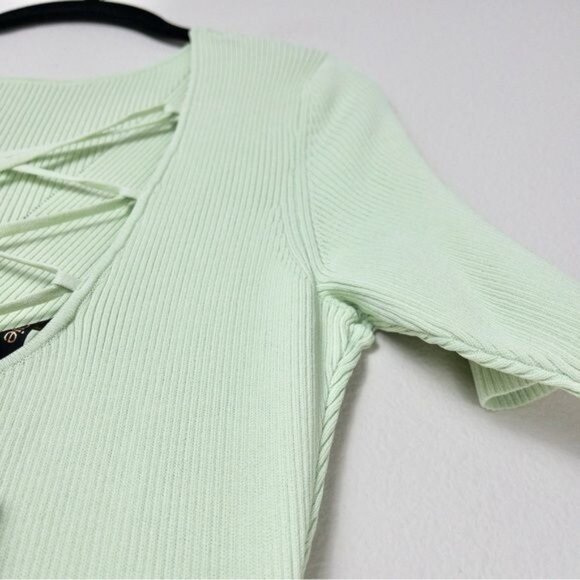 NWT Maje Ruche Tie Back Midi Dress 40 Vert L Ribbed Knit Stretch - Picture 12 of 15